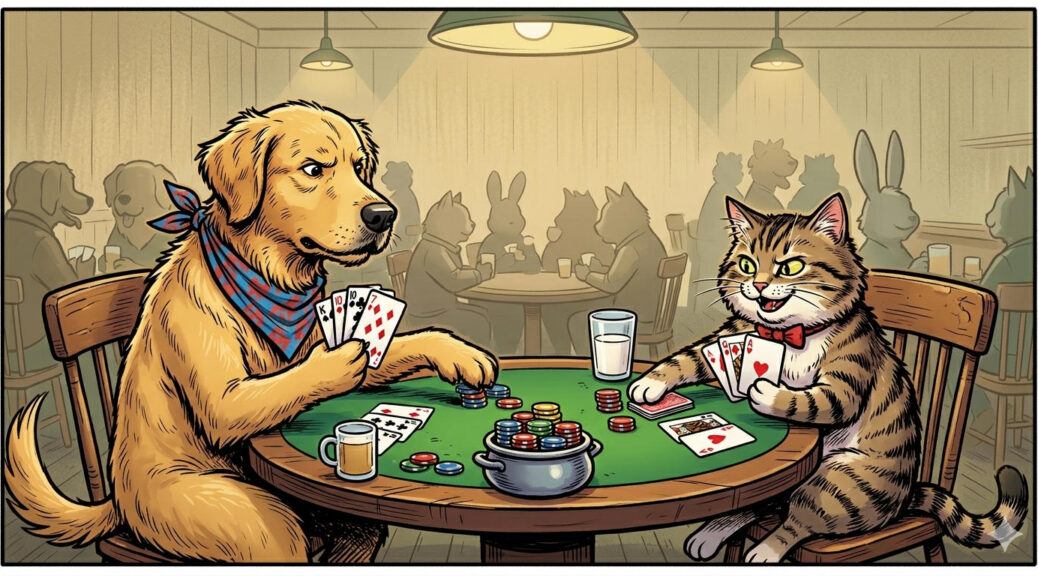 Dog and cat play poker